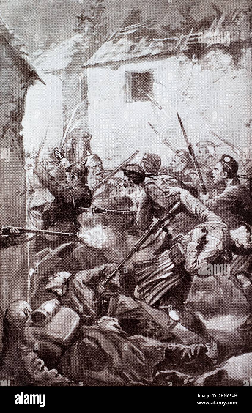 A First World War era illustration of the 1st Battalion of the London Scottish Regiment charging with fixed bayonets on 31st October 1914 during the Battle of Messines. Stock Photo
