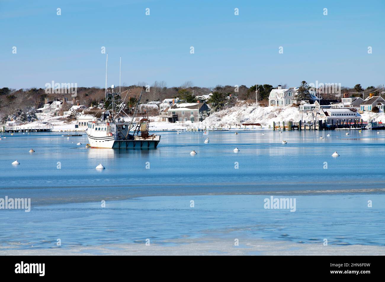 A winter view looking across Stage Harbor, Chatham, Massachusetts, USA (Cape Cod), Stock Photo