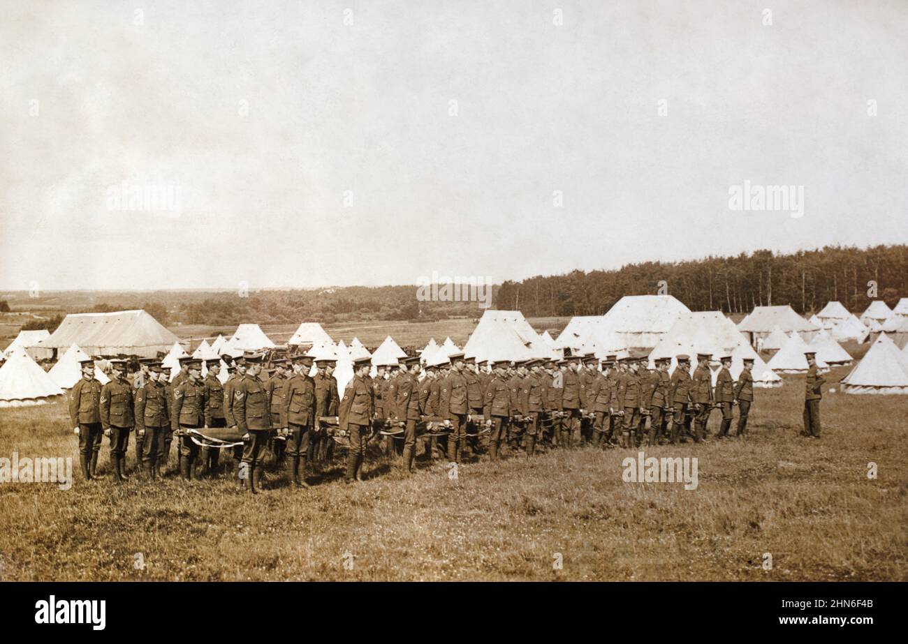 Royal Army Medical Corps unit on parade with stretchers in a camp near Aldershot c,1909. Stock Photo