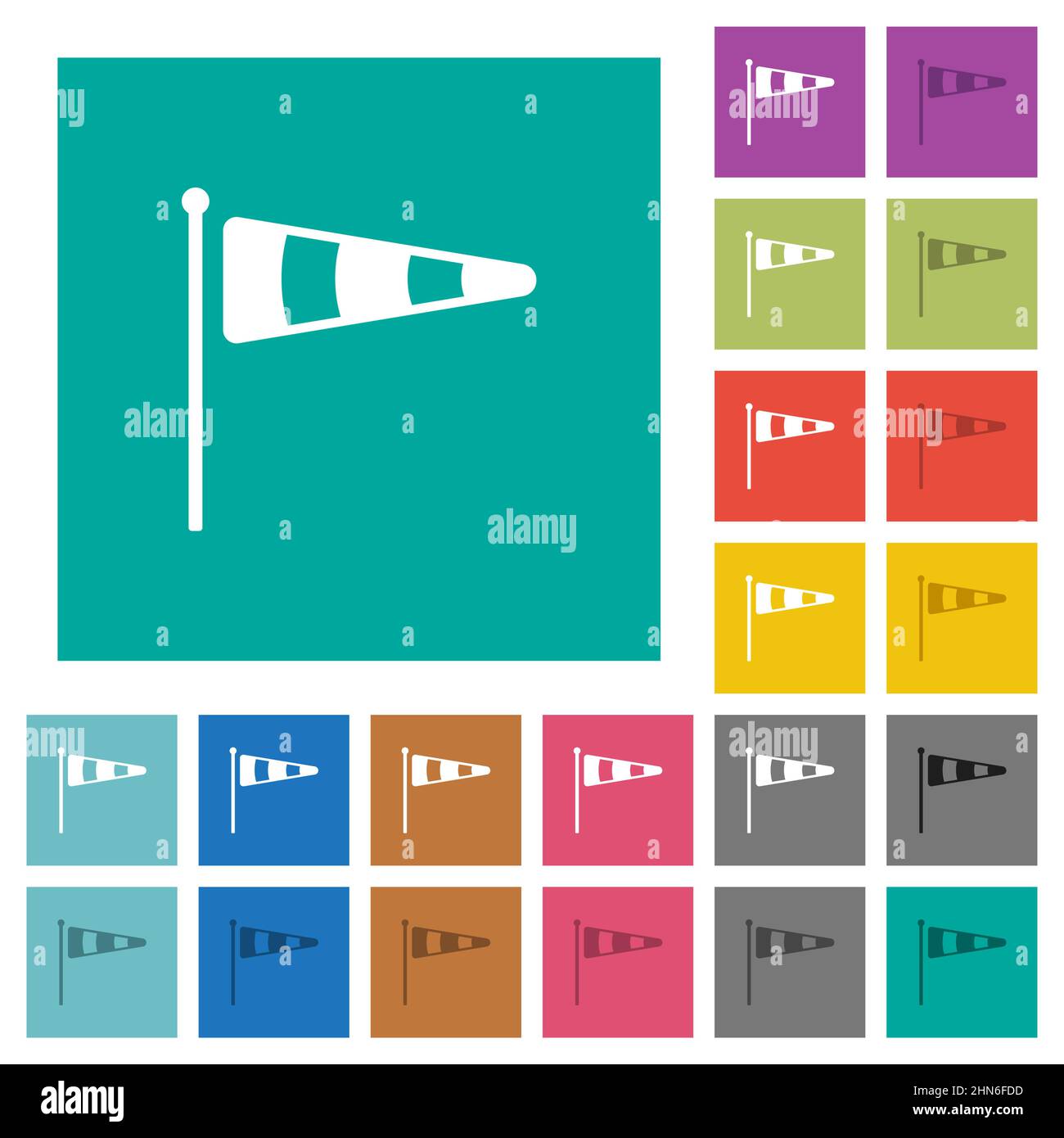 Windsock indicator solid multi colored flat icons on plain square backgrounds. Included white and darker icon variations for hover or active effects. Stock Vector