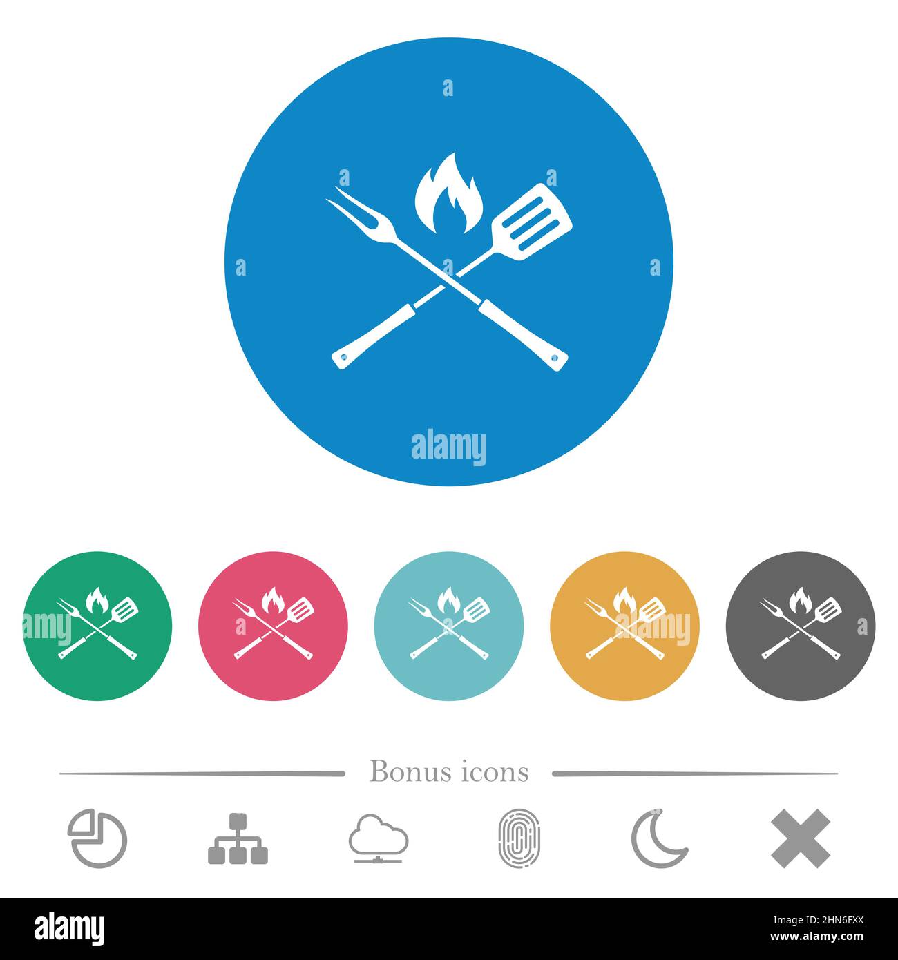 Barbecue fork and spatula with flame flat white icons on round color ...