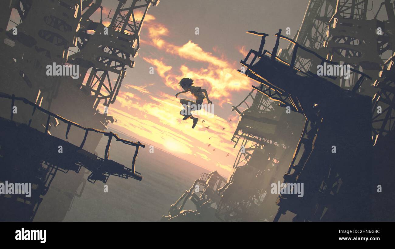 A kid jumping from the ruins of a building against the sunset scene, digital art style, illustration painting Stock Photo