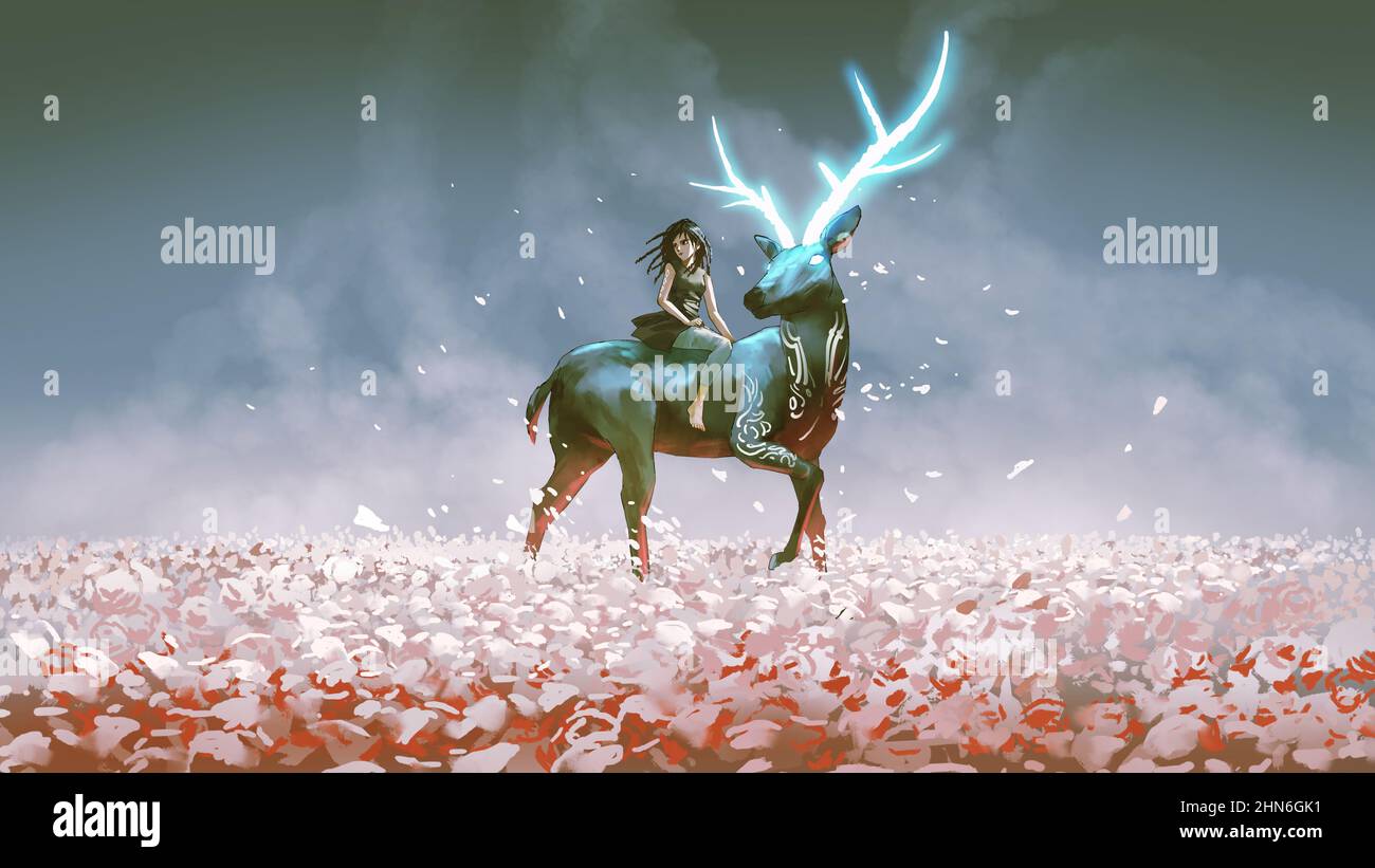 The young girl sitting on her magic stag with the glowing horns, digital art style, illustration painting Stock Photo
