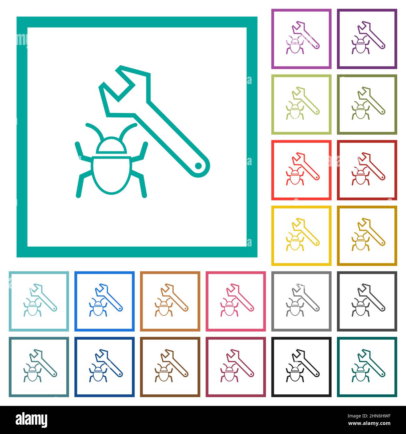Bug fixing outline flat color icons with quadrant frames on white background Stock Vector