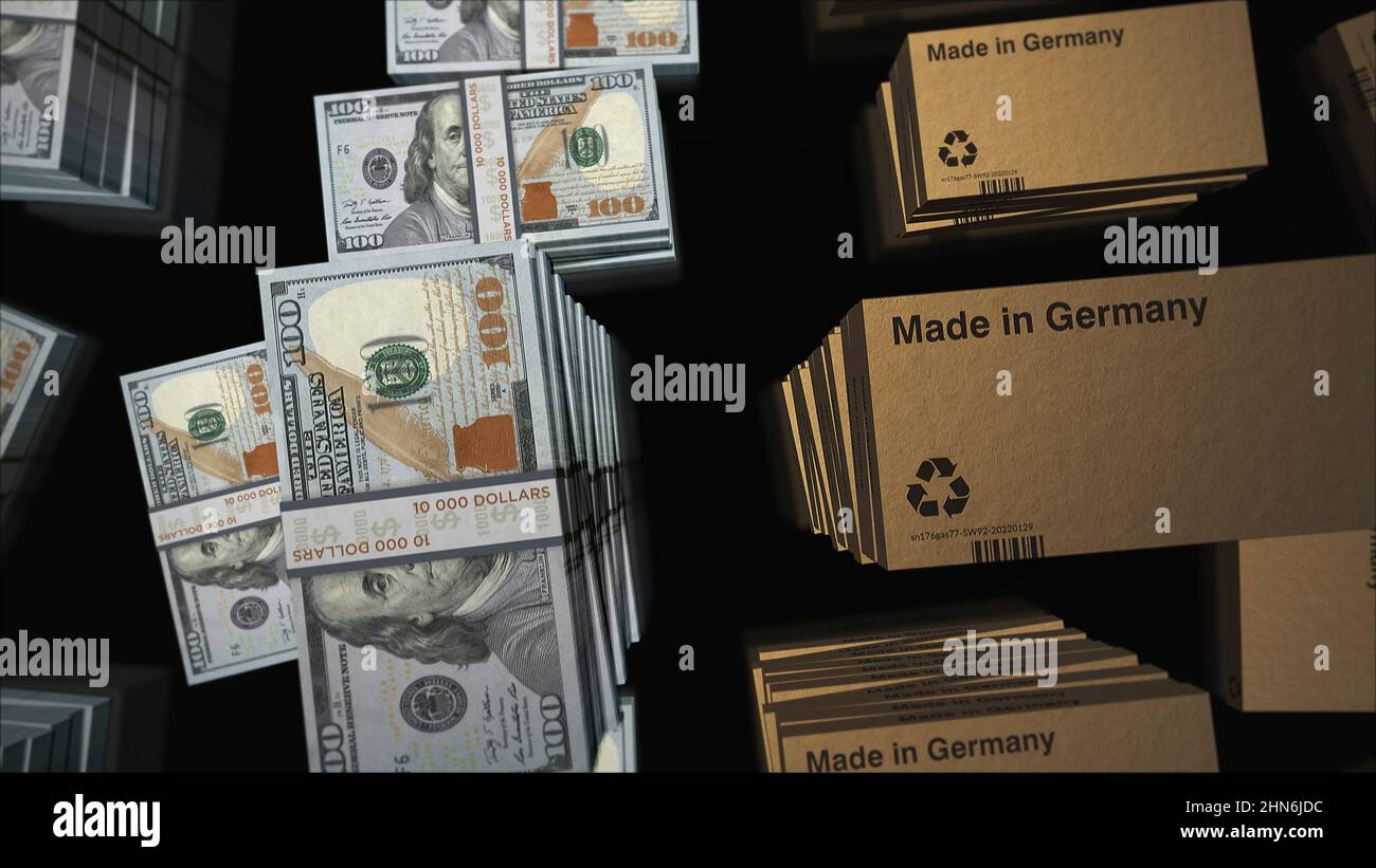 Made in Germany box line with Germany Dollar money bundle stacks. Export, trade, delivery, production, shipping, business and import. Abstract concept Stock Photo
