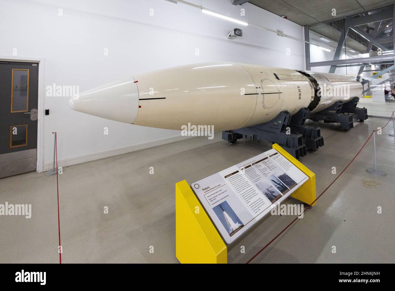 Lockheed Polaris A3 Missile, a Polaris missile, used by the UK in the 1960s  on show at Duxford Imperial War Museum, Cambridgeshire UK Stock Photo