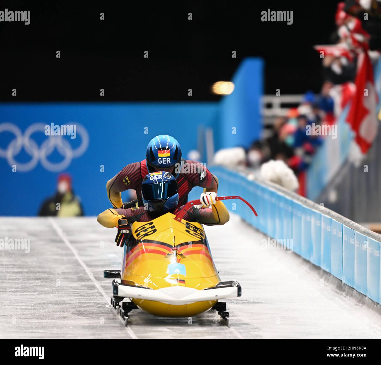Beijing, China. 14th Feb, 2022. Francesco Friedrich/Thorsten Margis of Germany compete during the bobsleigh 2-man heat of Beijing 2022 Winter Olympics at National Sliding Centre in Yanqing District, Beijing, capital of China, Feb. 14, 2022. Credit: Sun Fei/Xinhua/Alamy Live News Stock Photo