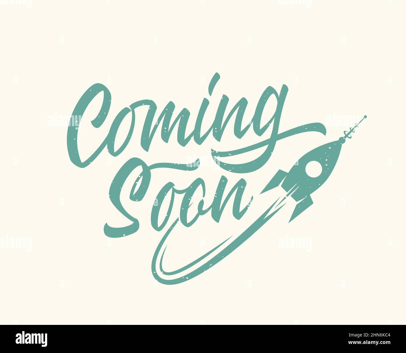 Coming soon lettering retro cartoon rocket sign web template. Page under construction website vector banner background Isolated Stock Vector