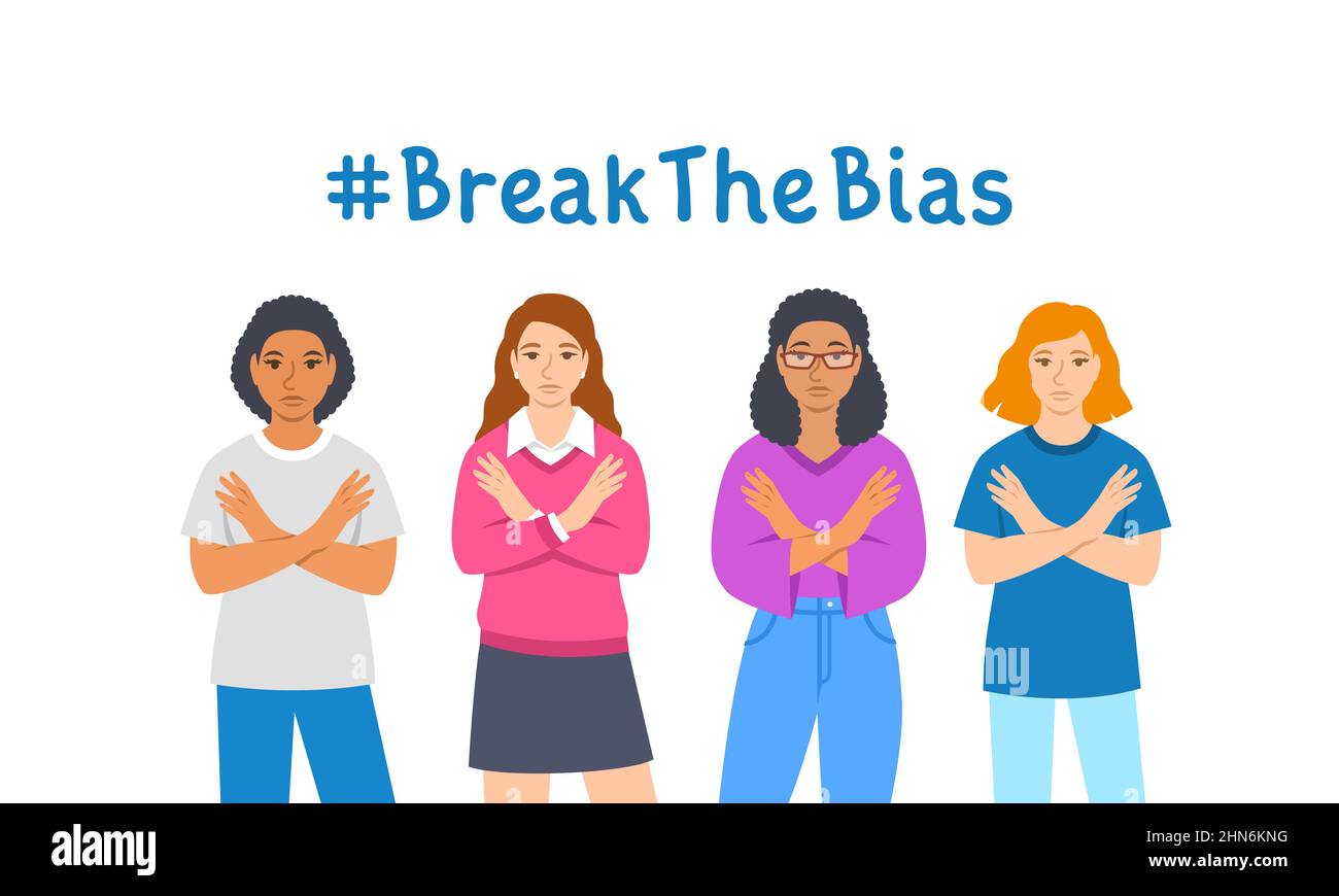 Break the bias campaign. Diverse women stand with crossed arms to stop gender discrimination and fight stereotypes. People equality movement of 2022 I Stock Vector