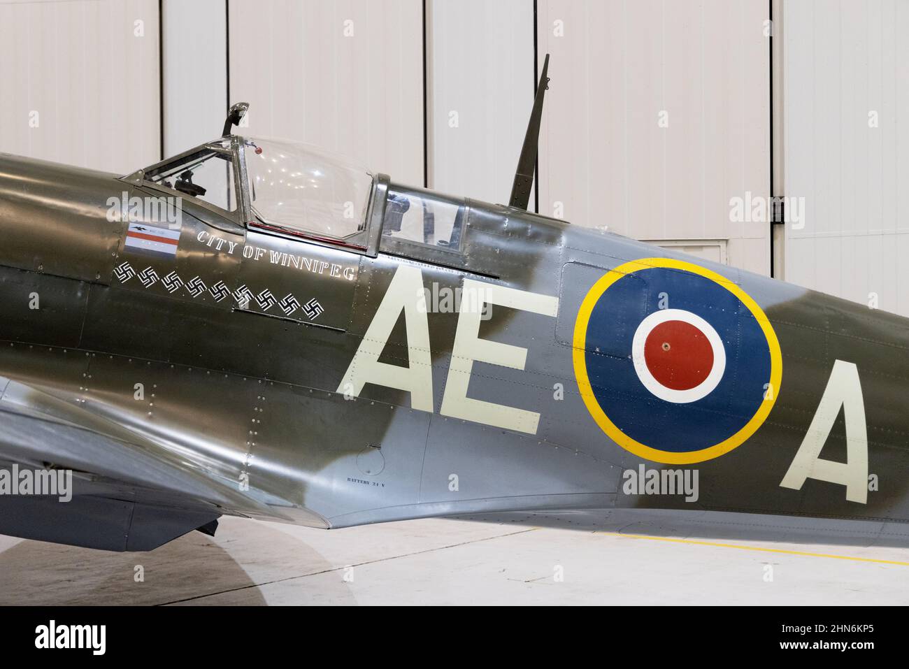 Spitfire plane body paintwork and camouflage; with RAF sign type C1 roundel, and German plane 'kills' on a Spitfire MkVb, EP120 'City of Winnipeg' Stock Photo