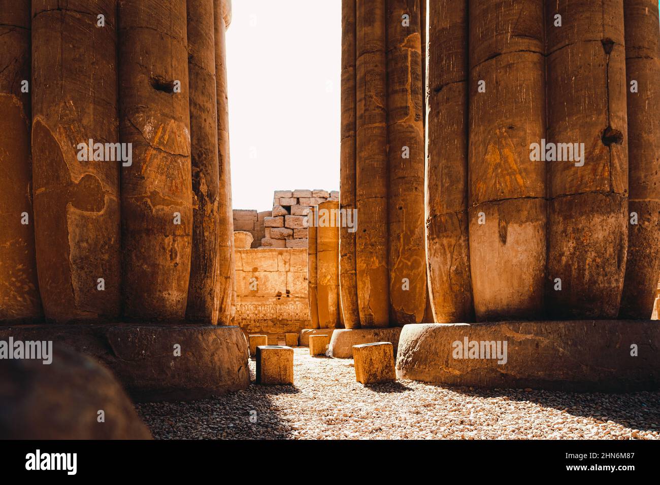 Stones and bottoms of the huge ancient pillars in the luxor temple in