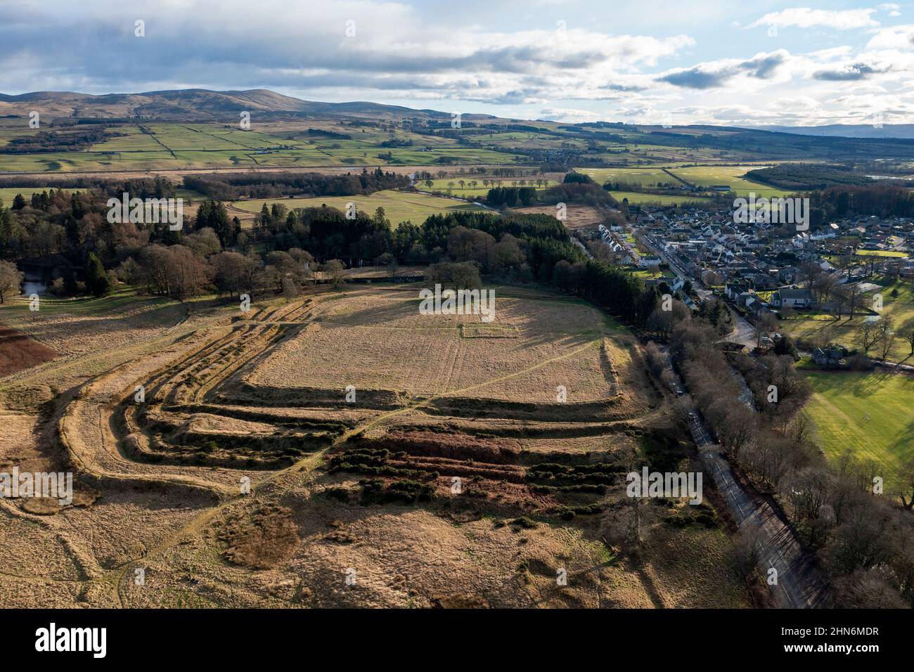 Aerial view of Ardoch Roman Fort, Braco Perthshire, Scotland Stock