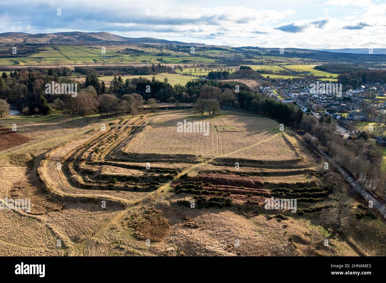 Aerial view of Ardoch Roman Fort, Braco Perthshire, Scotland Stock