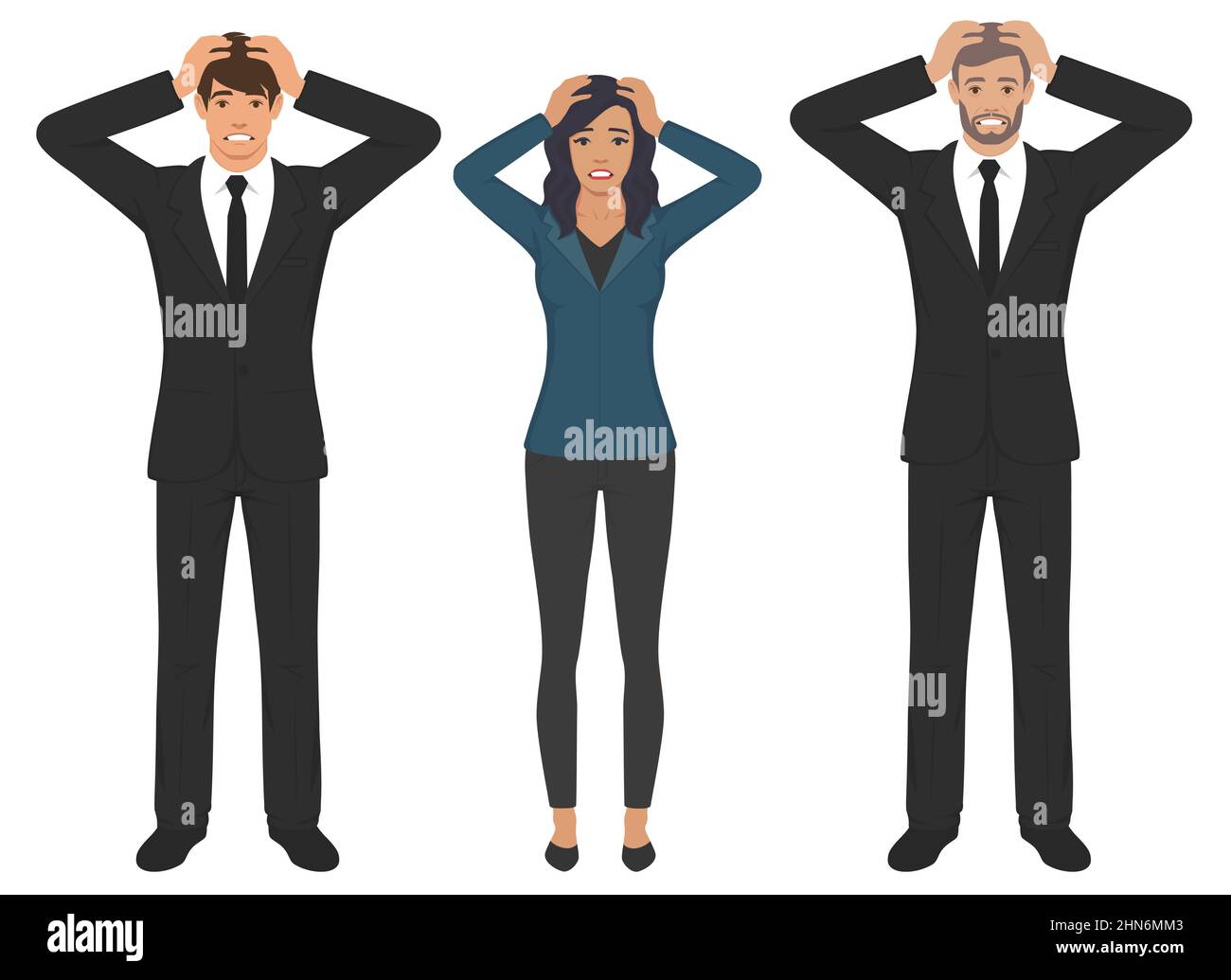 Panic and being scared concept. Group of young people standing touching cheeks faces heads feeling crazy afraid panic vector illustration Stock Vector