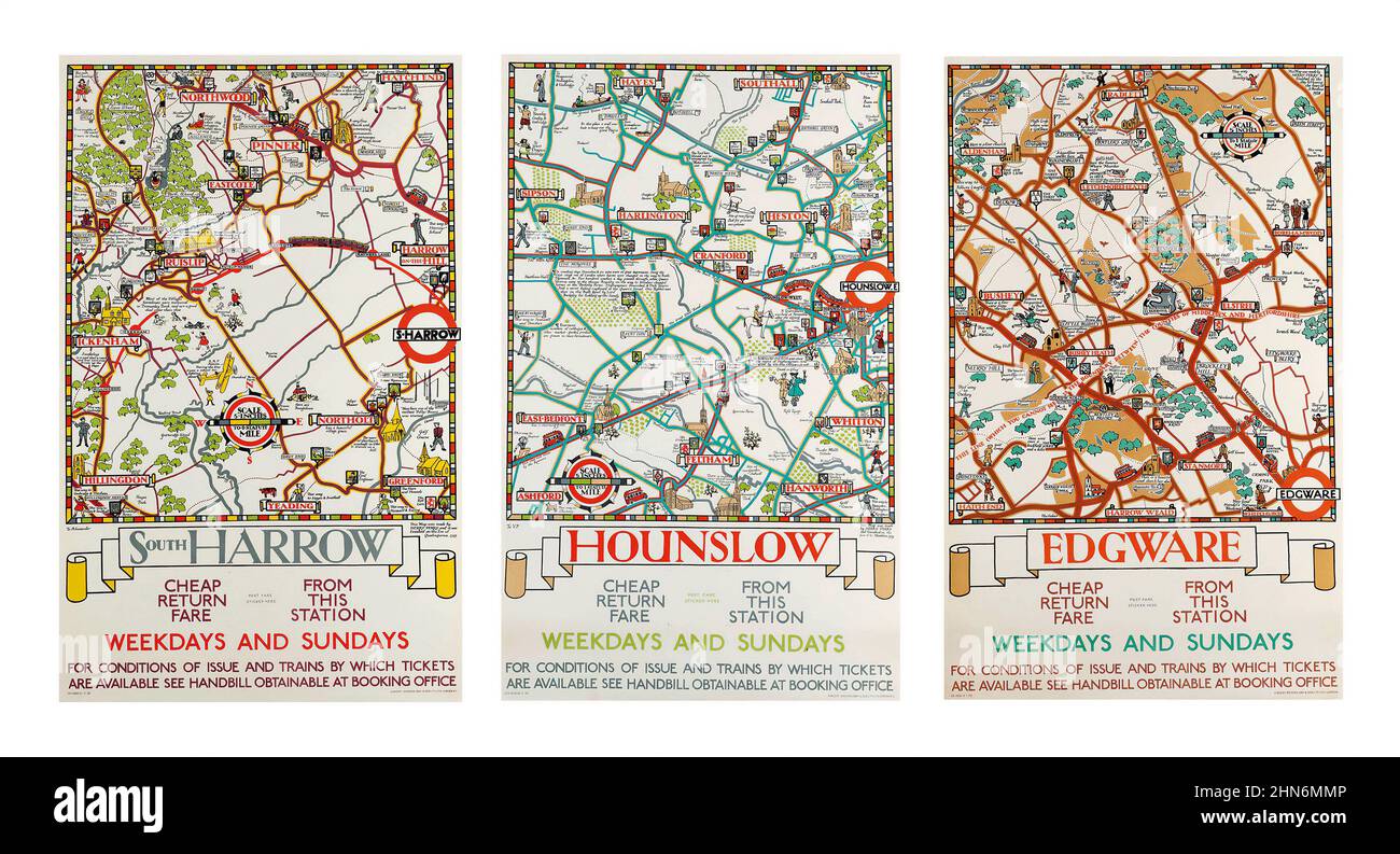 Three London Underground maps. Herry Perry (Heather Perry, 1893-1962) 'SOUTH HARROW', 'HOUNSLOW' & 'EDGWARE' Stock Photo