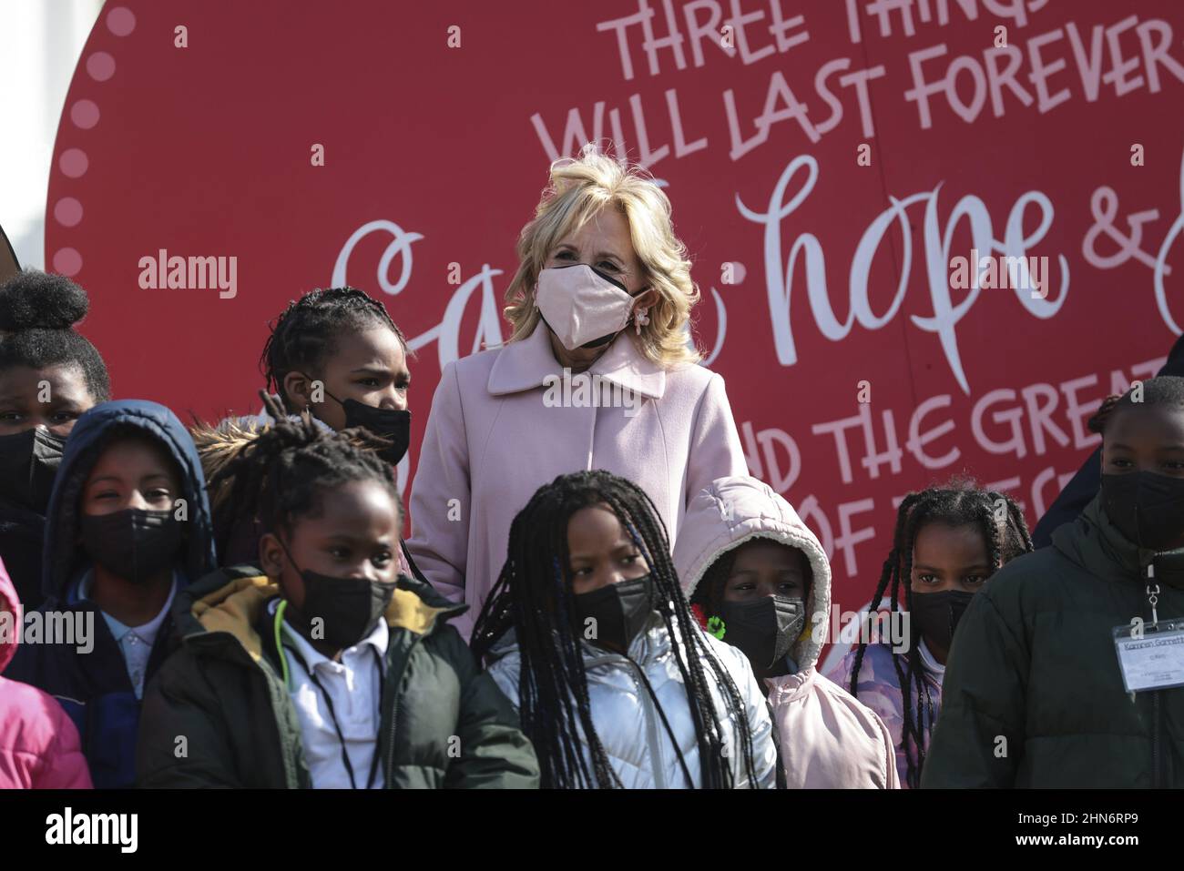 Washington, United States. 14th Feb, 2022. U.S. first lady Jill Biden joins students from a DC elementary school to celebrate Valentines Day on the North Lawn at the White House in Washington, DC on Monday, February 14, 2022. Photo by Oliver Contreras/UPI Credit: UPI/Alamy Live News Stock Photo