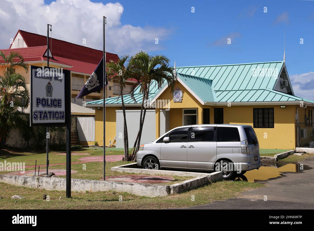 Police Station, Reduit Beach Avenue, Rodney Bay Village, Gros Islet, Saint Lucia, Windward Islands, Lesser Antilles, West Indies, Caribbean Sea Stock Photo