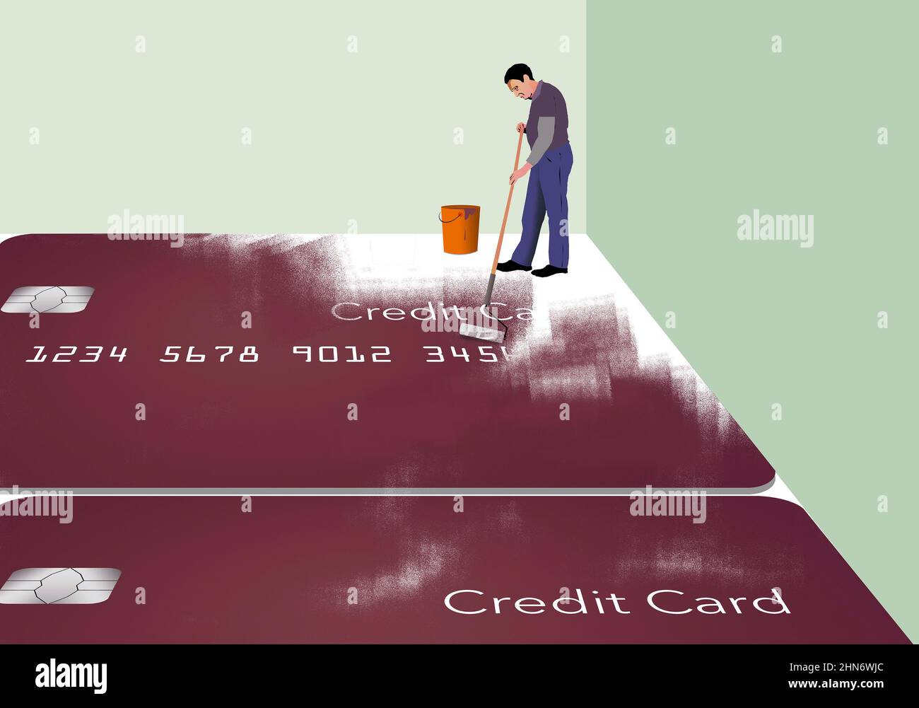 A man paints himself into a corner and is painting credit cards to