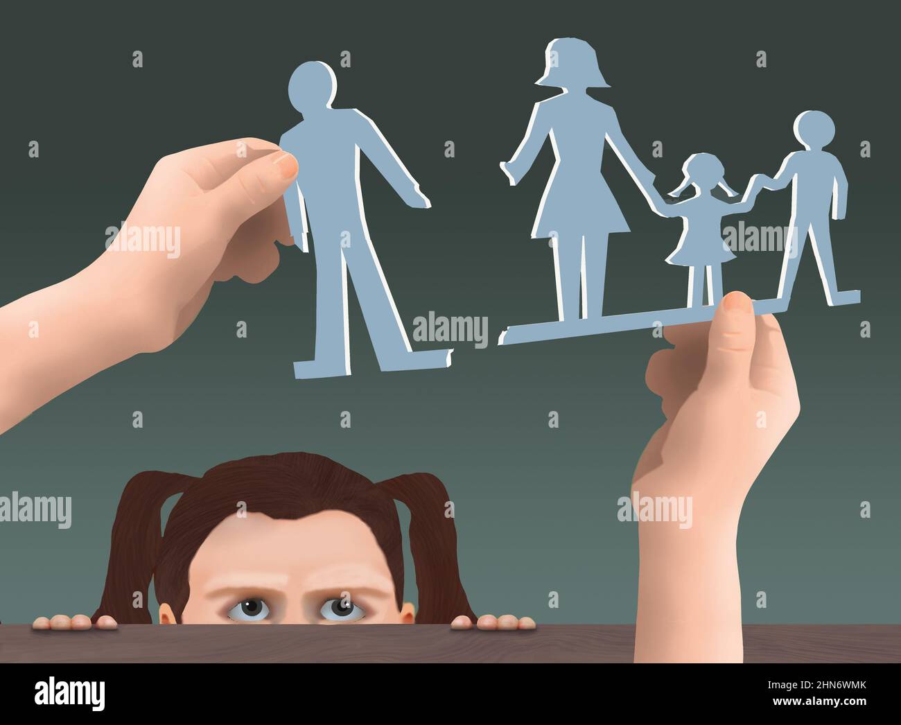 A family cut out of paper is used to explain divorce to a child in this