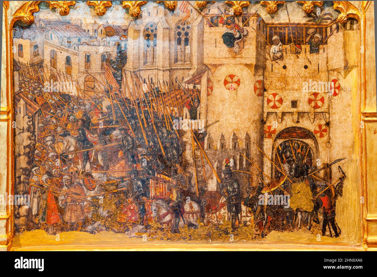 entrada del ejercito cristiano en la ciudad de mallorca en 1229, años 1468-1470, Pere Niçard, óleo sobre madera,Palau Episcopal, -Museu Diocesà de Mal Stock Photo