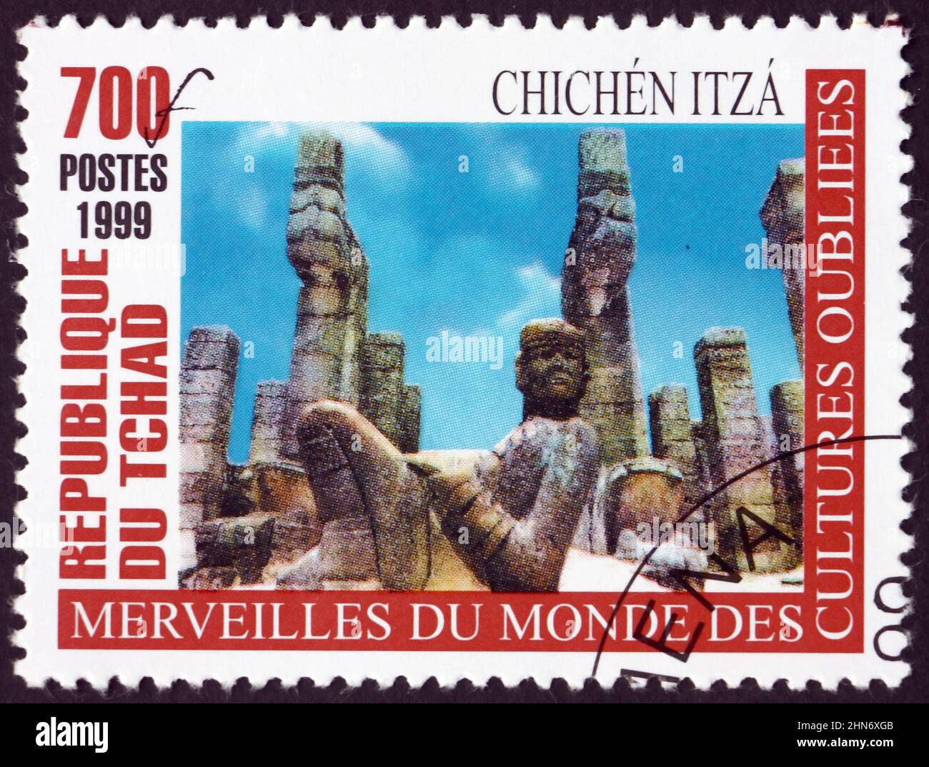 CHAD - CIRCA 1999: a stamp printed in Chad shows Chacmool, Chichen Itza, Wonders of Forgotten Cultures, circa 1999 Stock Photo