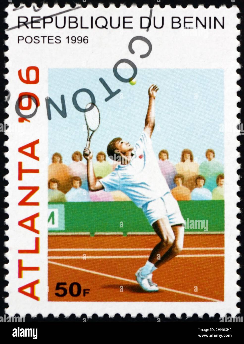 BENIN - CIRCA 1996: a stamp printed in Benin shows Tennis, 1996 Summer Olympic Games, Atlanta, circa 1996 Stock Photo