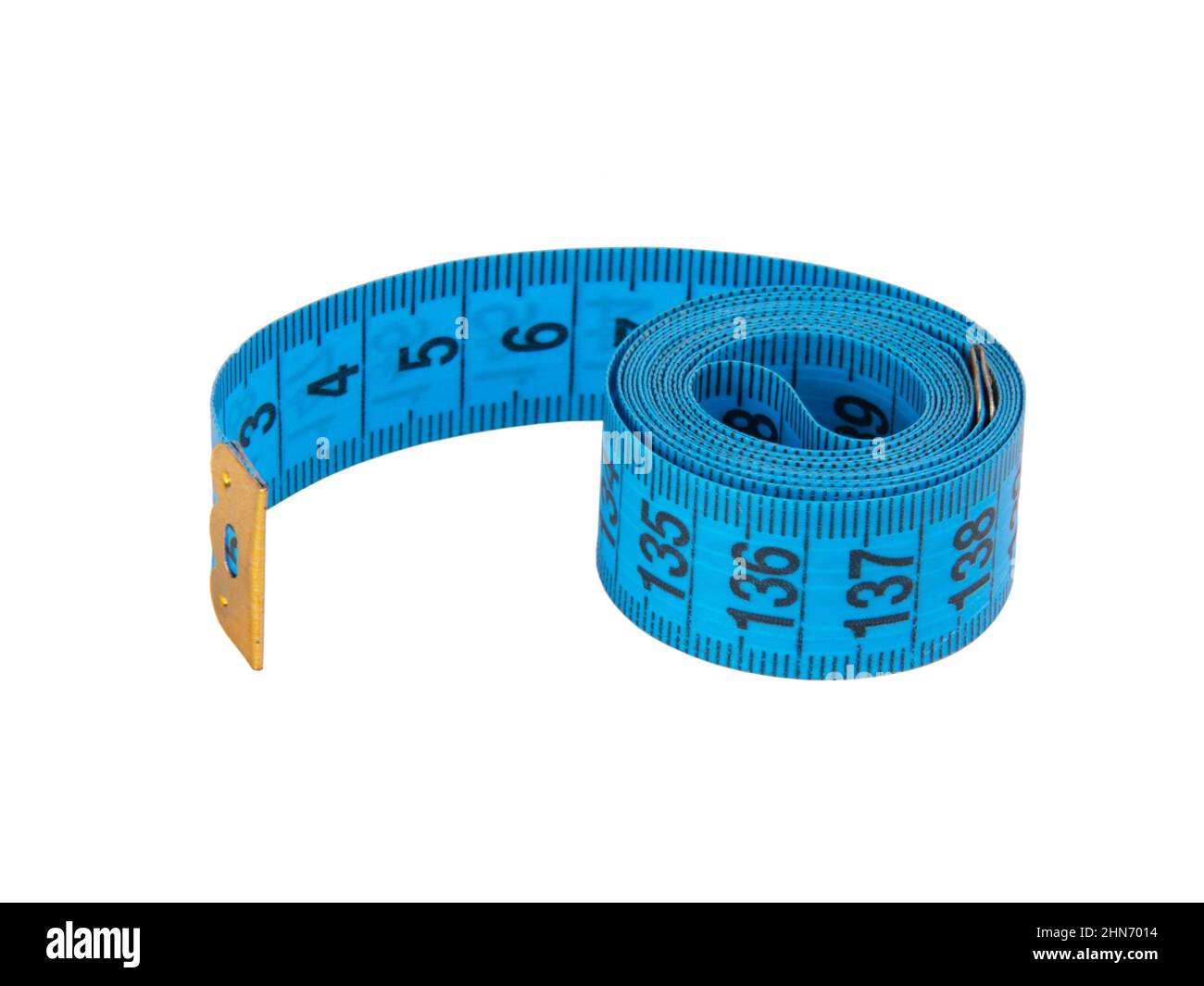Tailors tape measure cut out against a white background. Blue measuring tape  Stock Photo - Alamy