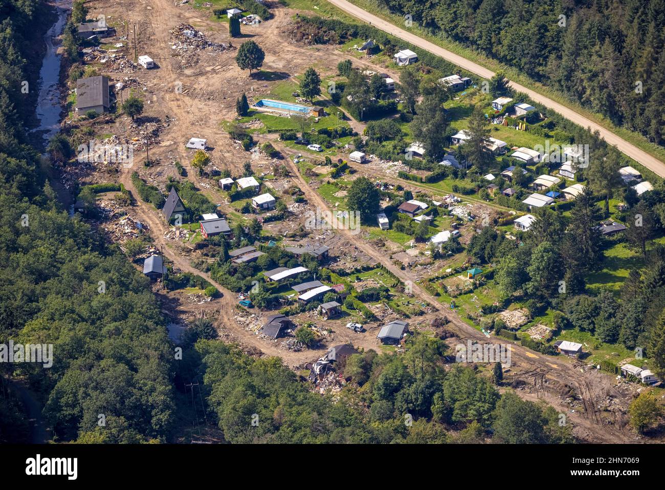 Aerial view, flooded area at the river Ahr and by flood disaster destroyed camping site Sahrtal Ute Vaßmer at the Sahrbach in the district Kreuzberg, Stock Photo