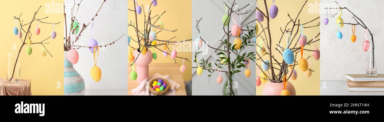 Colorful Easter eggs hanging on tree branches Stock Photo