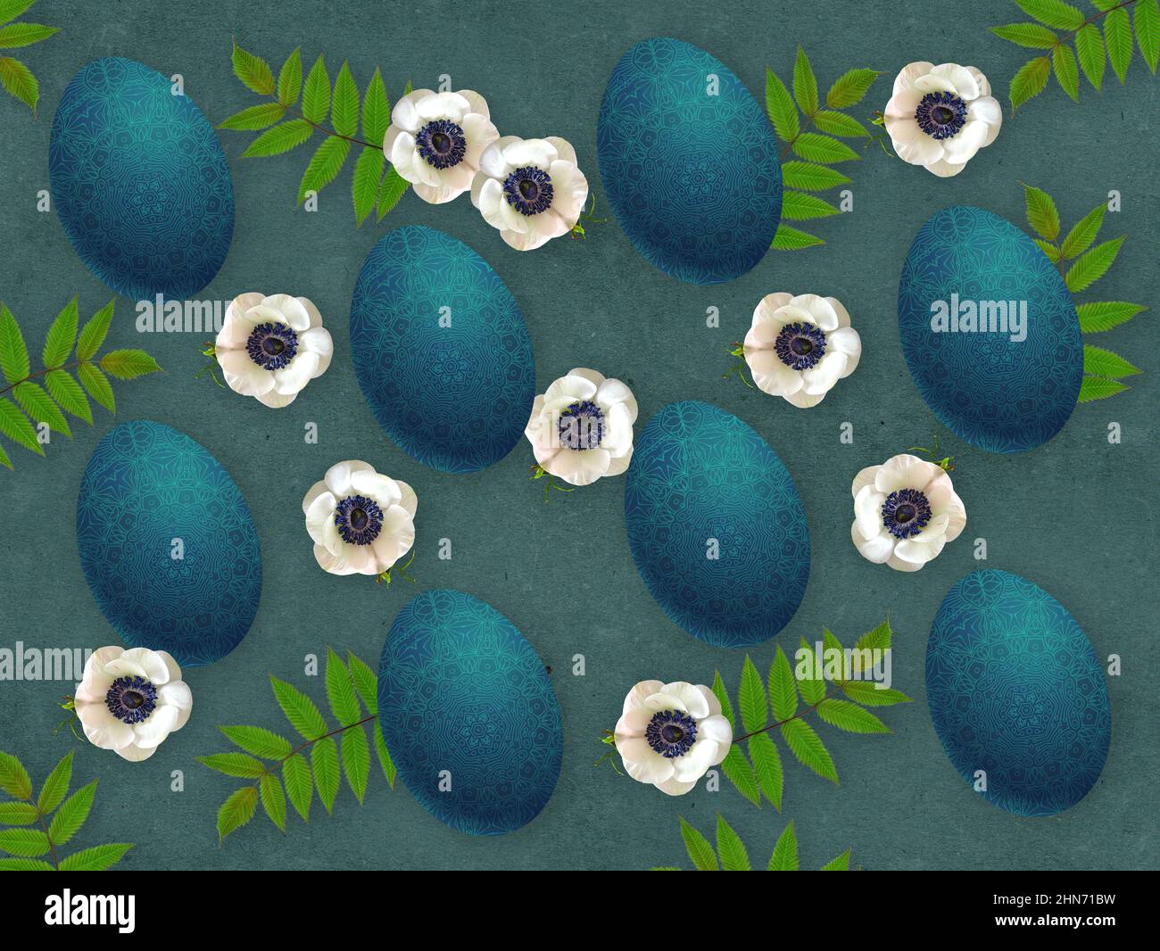 Easter composition with Pysanki egg eggs, white anemones flowers and ...
