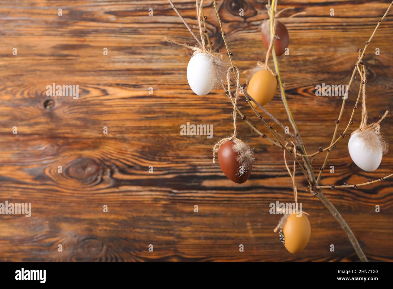 Tree branch and Easter eggs on wooden background Stock Photo