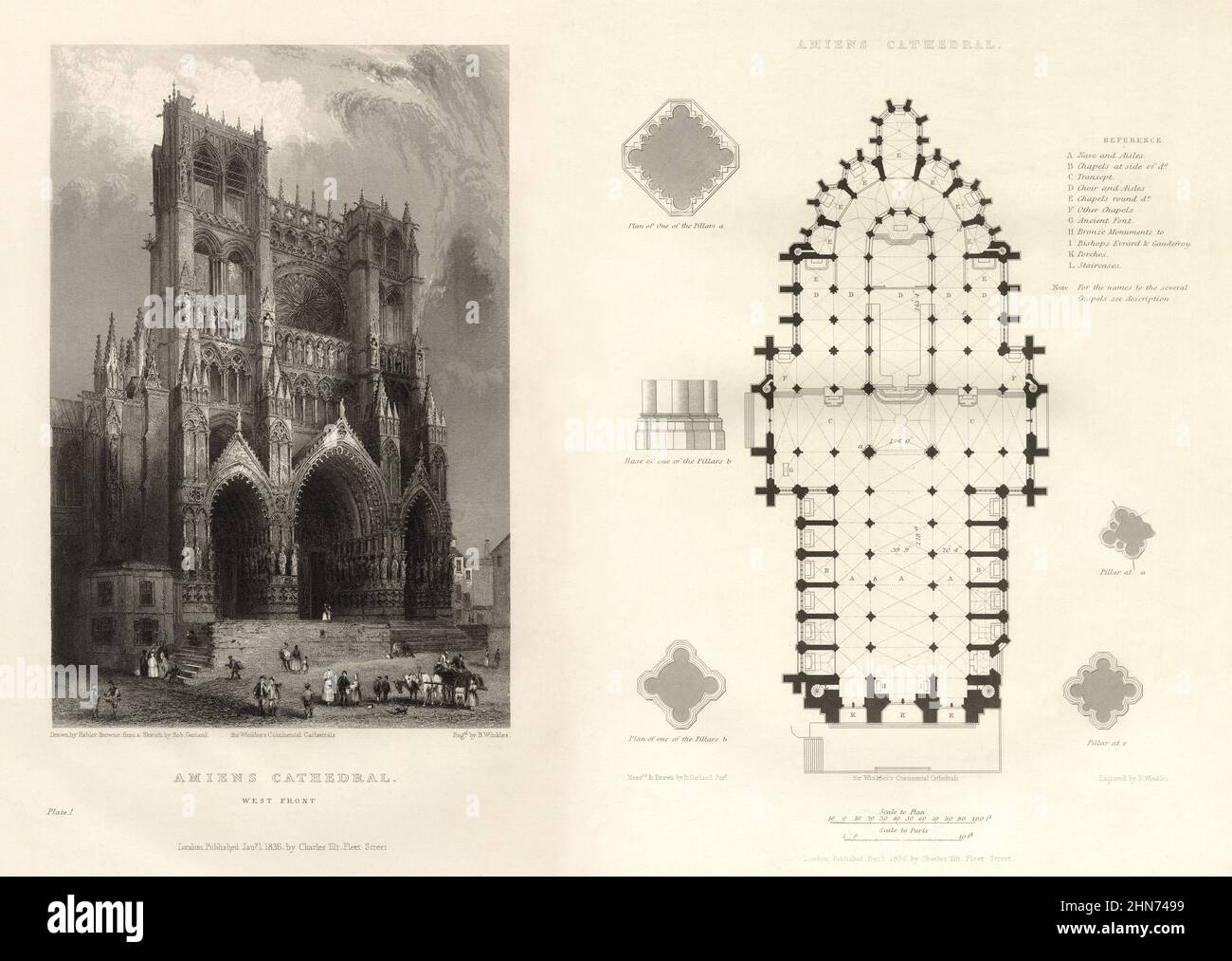 French Cathedral, Amiens Cathedral, France, Antique French Engraving, 1837 Stock Photo