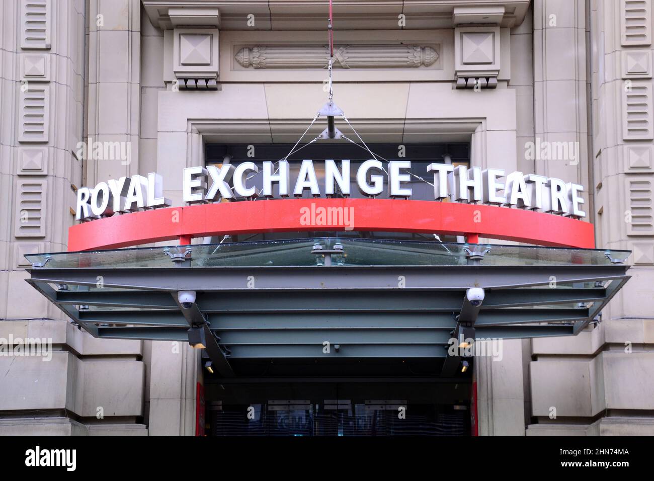 Exterior sign on the Royal Exchange Theatre, central Manchester, United Kingdom. Stock Photo