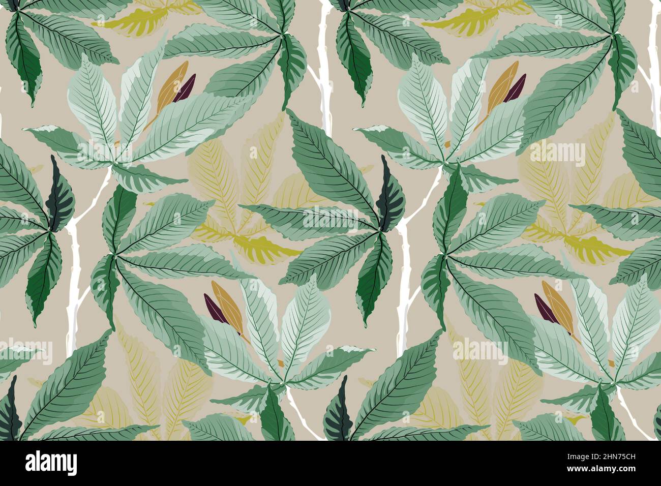 Vector floral seamless pattern. Green leaves on a beige background. Stock Vector