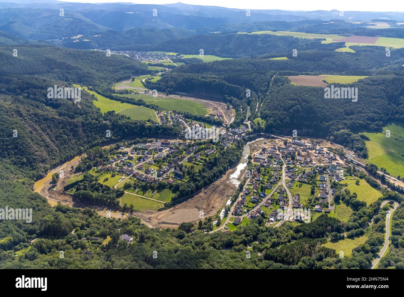 Aerial photograph, flooded area with river Ahr in Schuld, Ahr flood, Ahr valley, Rhineland-Palatinate, Germany, Ahr flood, DE, Europe, flood disaster, Stock Photo