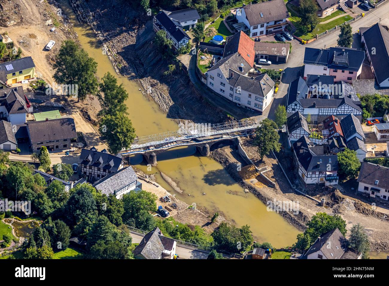 Aerial photograph, flooded area with river Ahr and bridge damage Domhofstraße in Schuld, Ahr flood, Ahr valley, Rhineland-Palatinate, Germany, Ahr flo Stock Photo