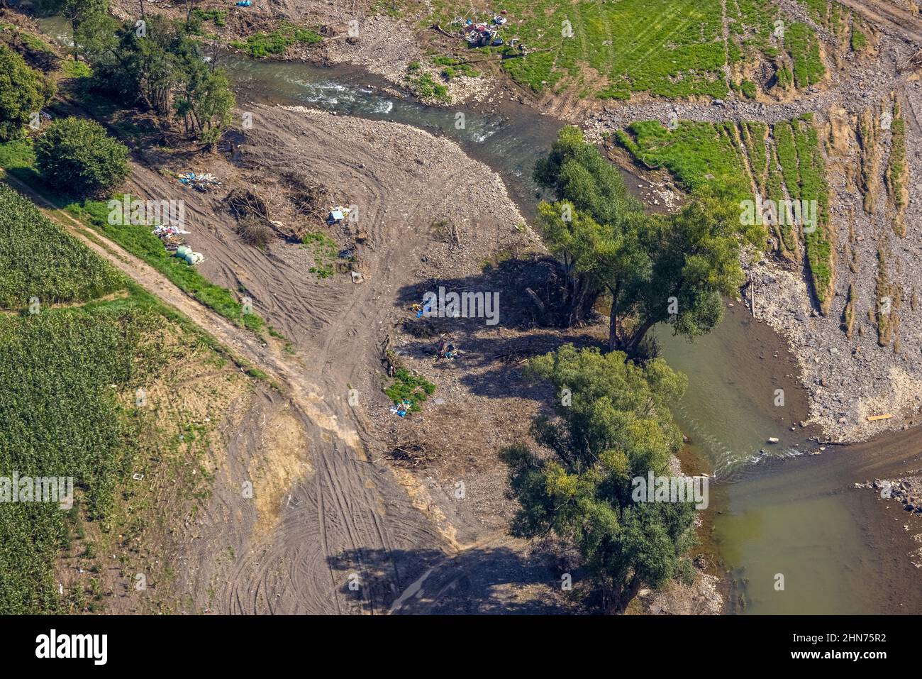 Aerial photograph, flooded area on the river Ahr with waste in Schuld, Ahr flood, Ahr valley, Rhineland-Palatinate, Germany, Ahr flood, DE, Europe, fl Stock Photo