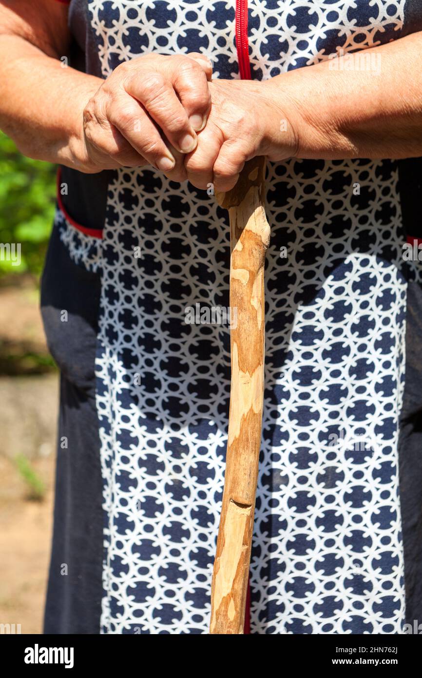Senior Caucasian woman hands holding wooden walking stick, close-up view Stock Photo