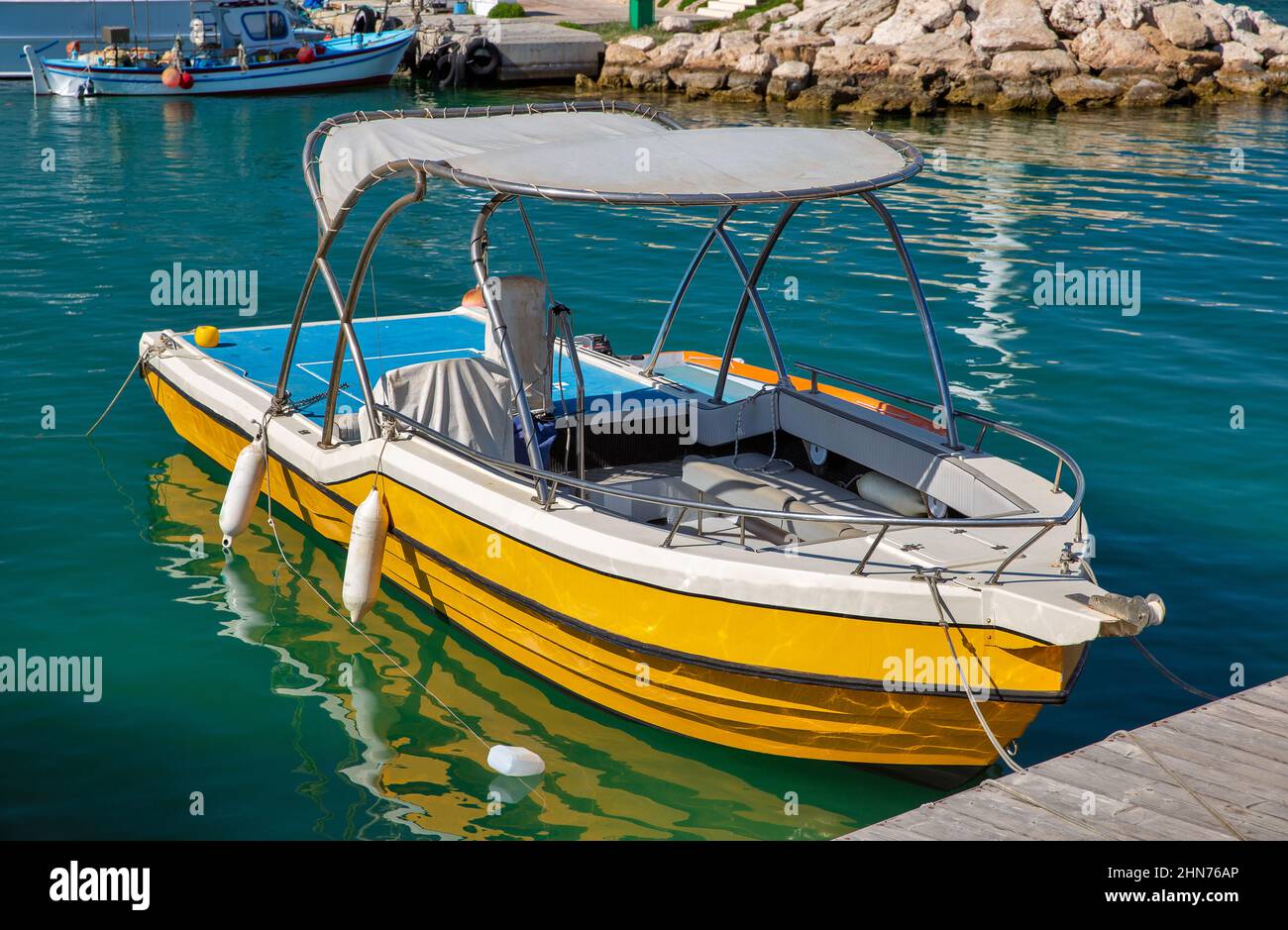 Fishing boat closeup in seaport. Ayia Napa is a tourist resort at the far eastern end of the southern coast of Cyprus. Stock Photo