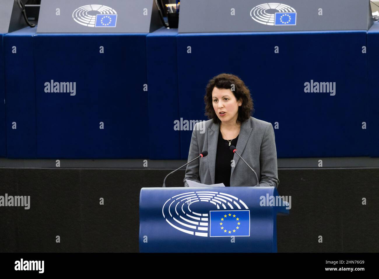 14 February 2022, France, Straßburg: Manuela Ripa, ( kologisch-Demokratische Partei, ödp), member of the Green/EFA group, stands in the plenary chamber of the European Parliament and speaks. Topics on the provisional agenda include the European Central Bank's 2021 annual report, a debate with ECB chief Lagarde and a request to lift the immunity of former AfD MEP Meuthen. Photo: Philipp von Ditfurth/dpa Stock Photo