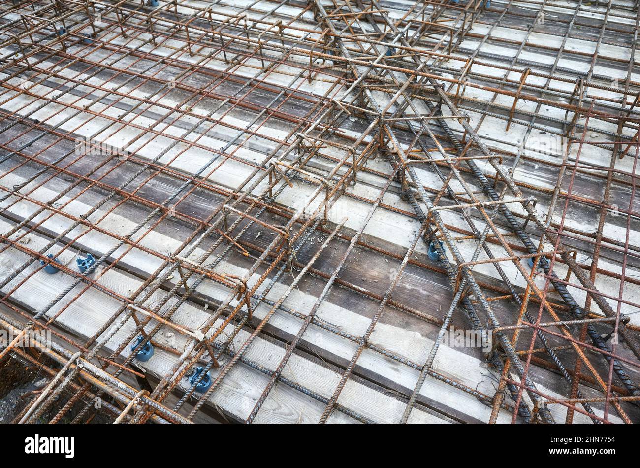 Picture of ribbed steel bar reinforcement construction ready for concrete casting. Stock Photo