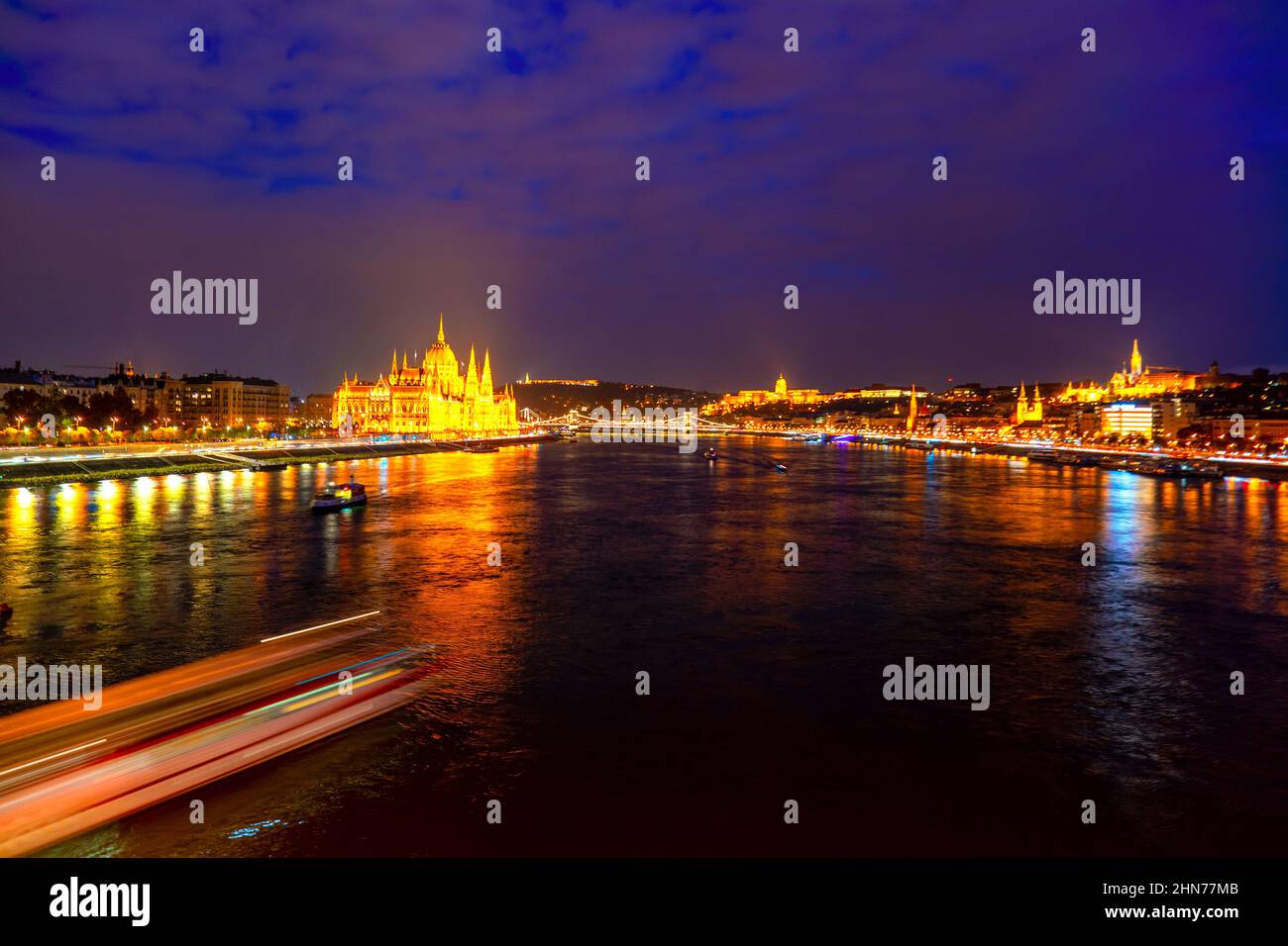 Wonderful mesmerizing view of the city at night illuminated by lights on the danube river. Hungary, budapest. Wonderful architecture at night. Beautif Stock Photo