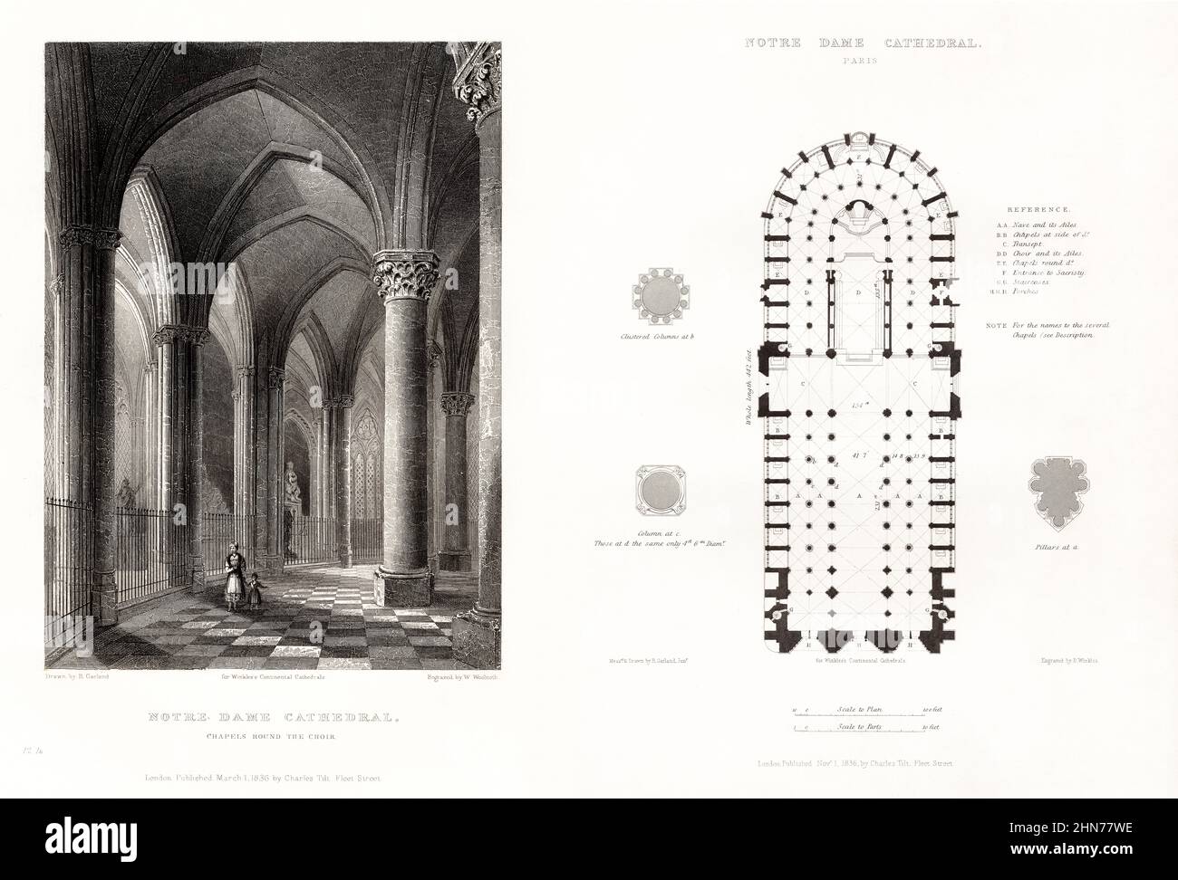 French Cathedral, Notre Dame Cathedral, France, Antique French Engraving, 1837 Stock Photo