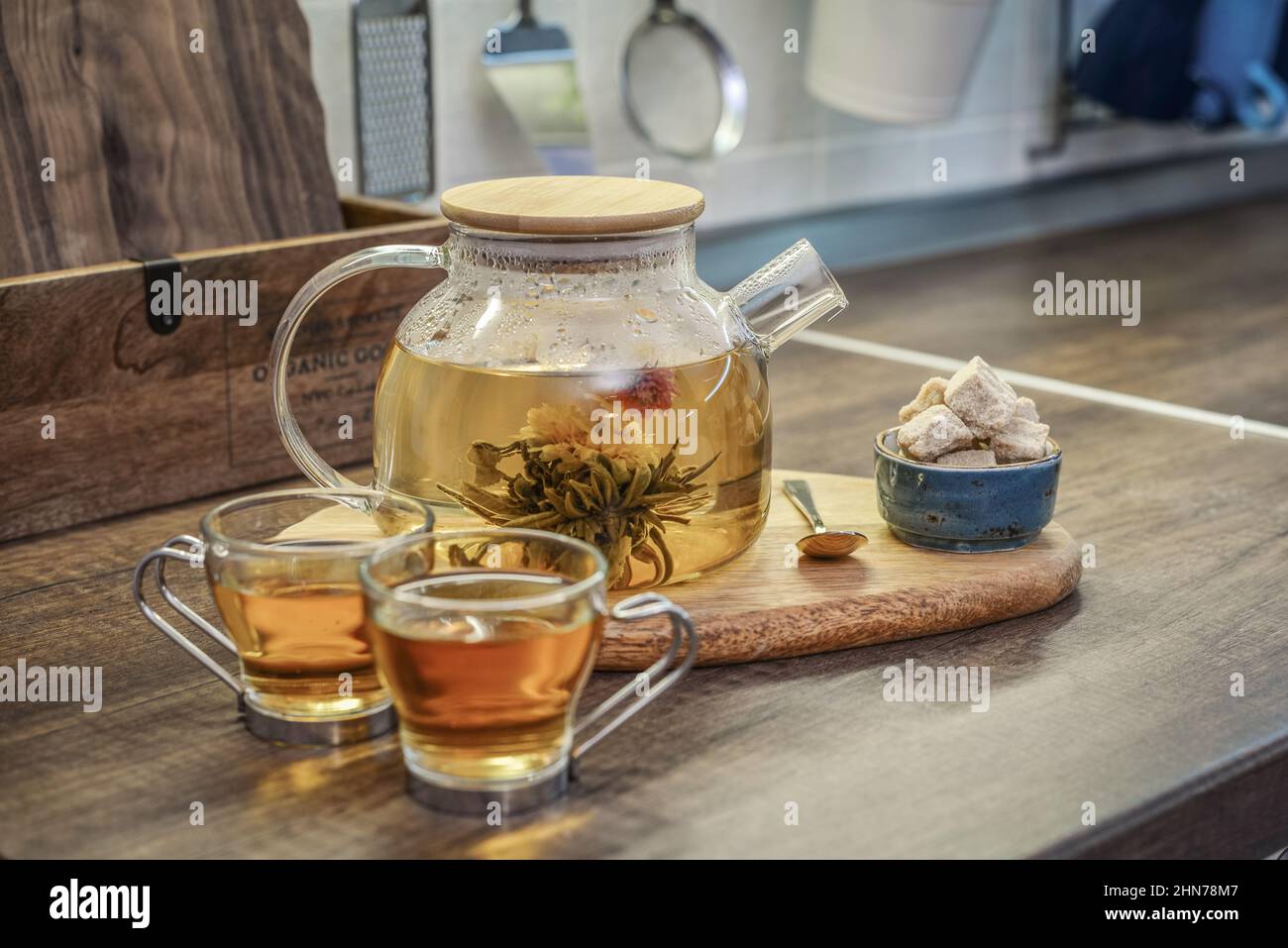 Blooming flowering tea in glass teapot and two cups on kitchen worktop closeup Stock Photo