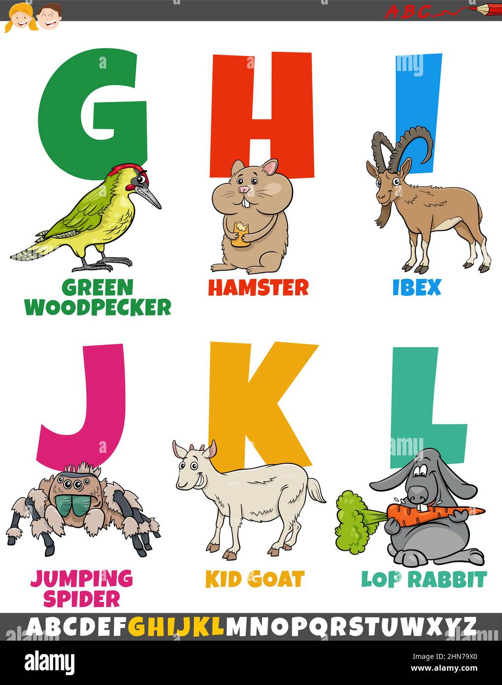 Cartoon illustration of educational colorful alphabet set from letter G to L with animal characters Stock Vector