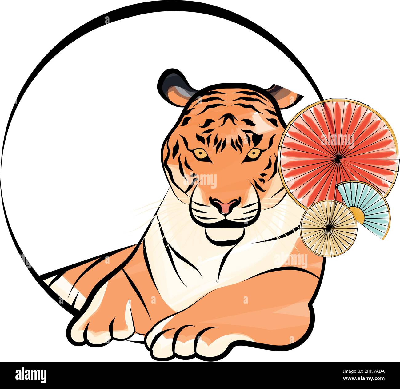 Colored chinese tiger on a circle label with asian ornaments Vector ...