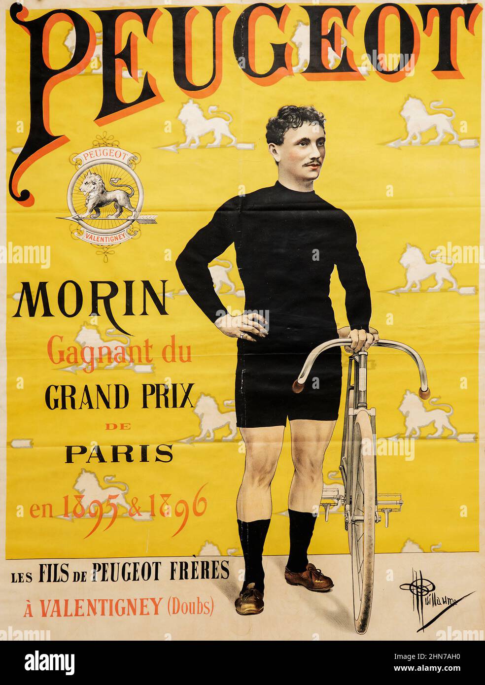 Albert Guillaume (French, 1873-1942). Peugeot, 1895. Morin, Gagnant du Grand Prix de Paris en 1895 & 1896. Vintage bicycle advertisement poster. Stock Photo
