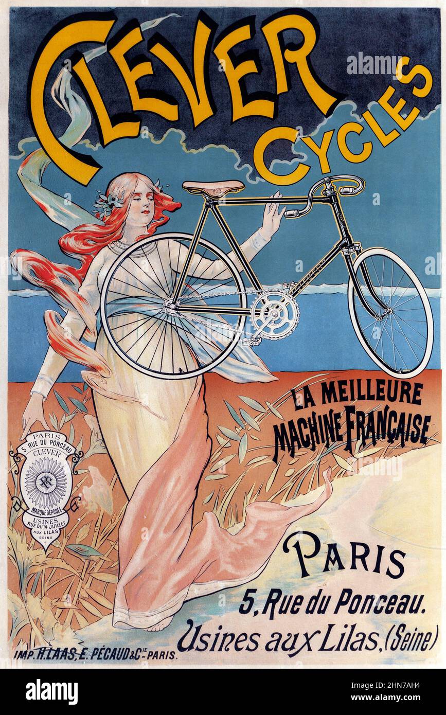 French Antique Belle époque Bicycle Advertising Poster For Clever Cycles, 1890s. Stock Photo