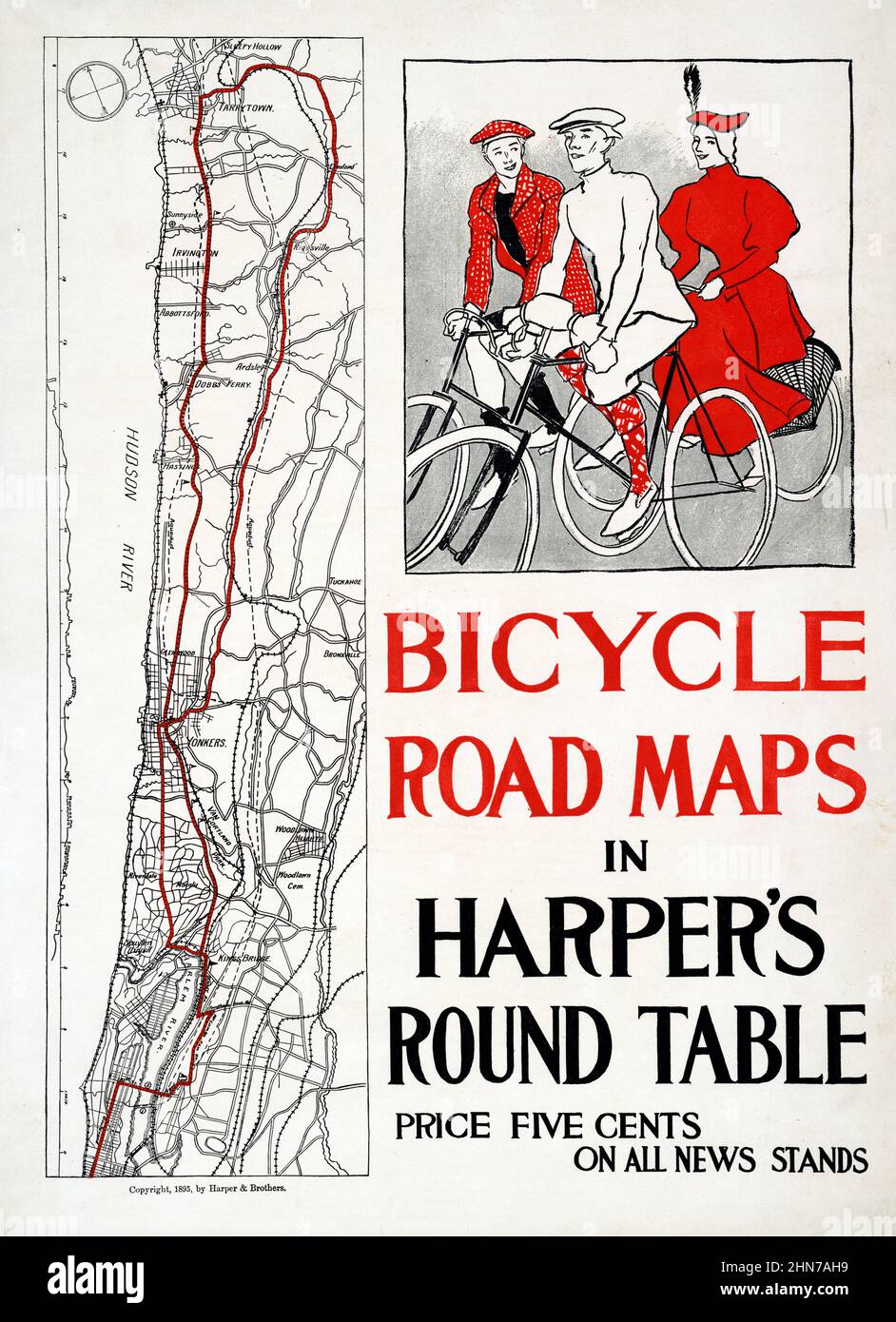 Bicycle road maps in Harpers Round Table (1895). Vintage bicycle advertisement poster. Stock Photo