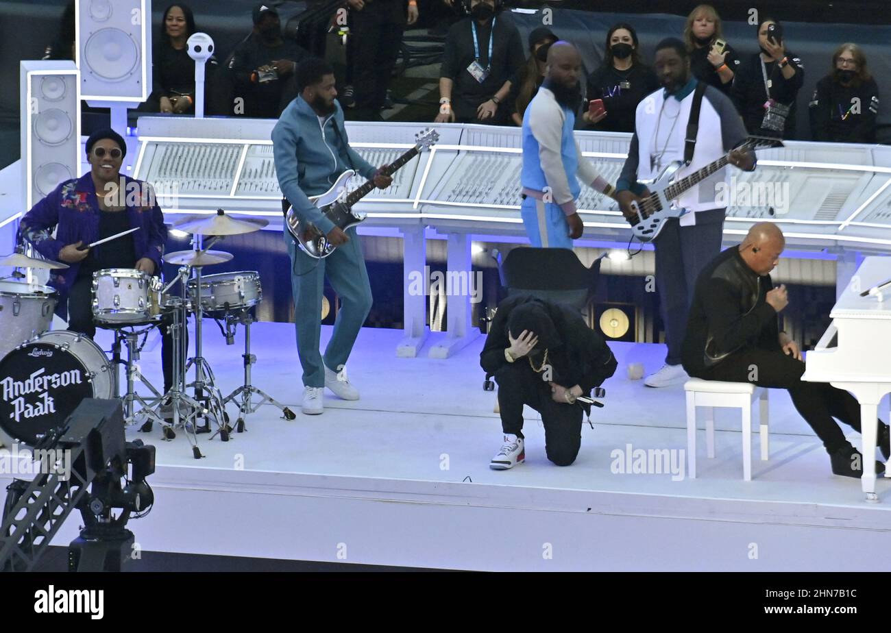 Los Angeles, United States. 14th Feb, 2022. Eminem kneels after his  performance during Super Bowl LVI halftime at SoFi Stadium in Los Angeles  on Sunday, February 13, 2022. The 49-year-old rapper apparently